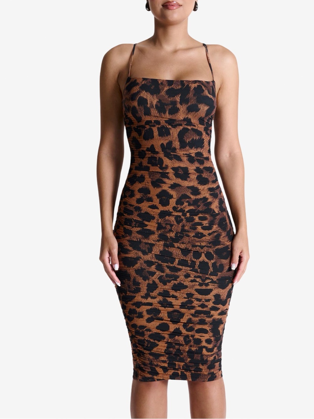 Naked Wardrobe Animal Print Ruched Bodycon Midi Dress Sz S NEW